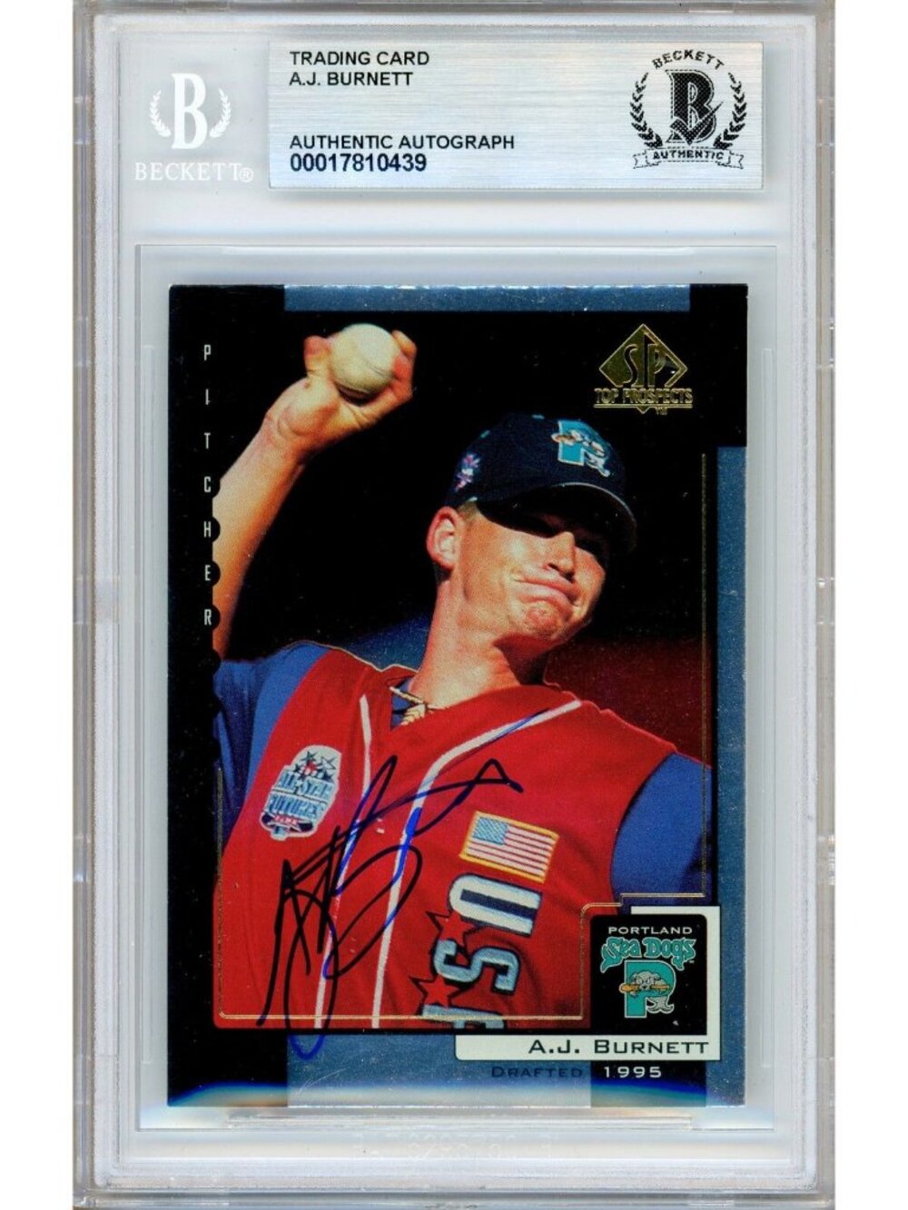 AJ Burnett Signed 2000 SP Top Prospects #77 Marlins Baseball Card BAS Slabbed